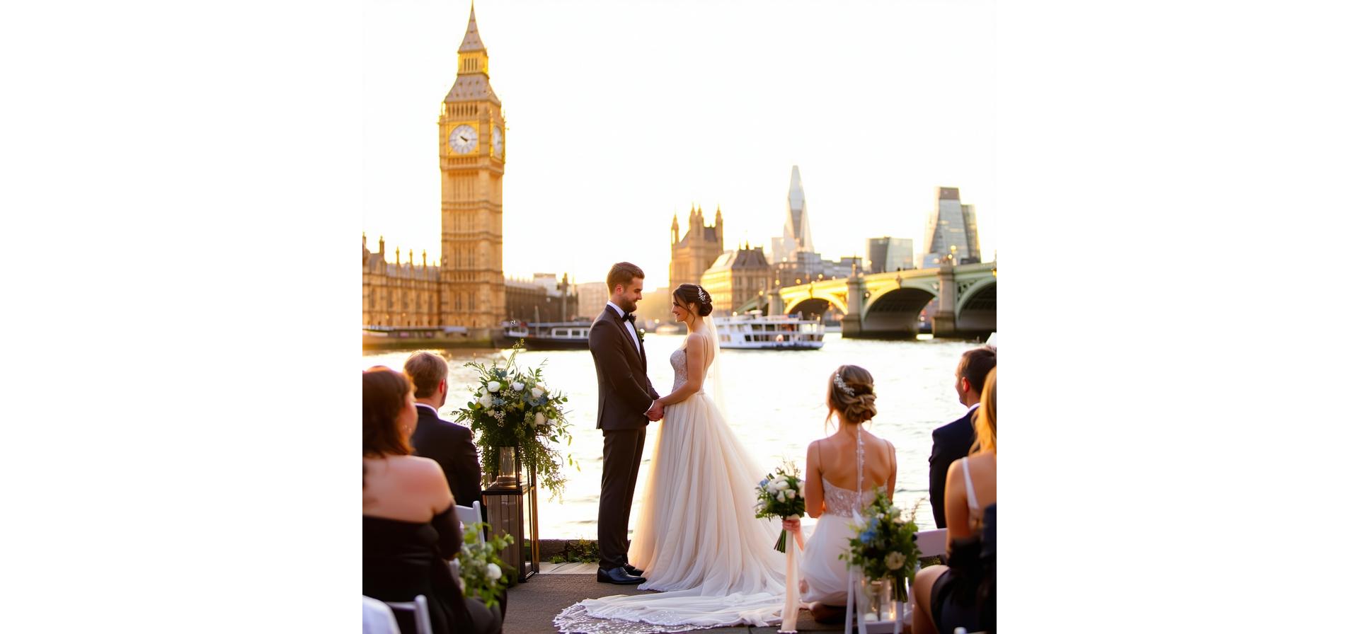 London wedding ceremony by the Thames at sunset