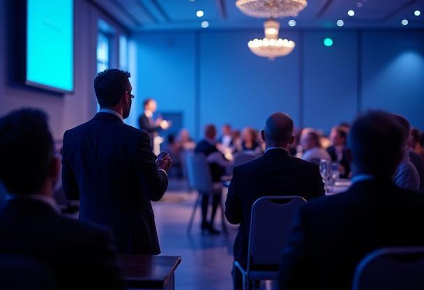 Corporate banquet with speakers and audience in London