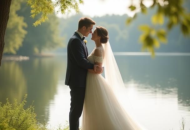 Elegant couple at a lakeside wedding ceremony